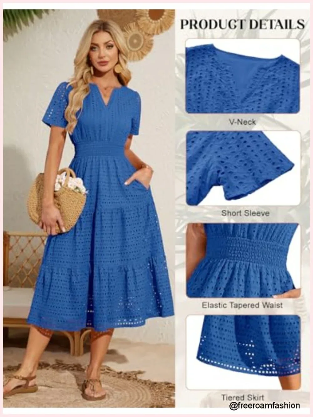 Eyelet Short Sleeve Midi Dress Smocked V Neck Hollow Out Casual Dress with